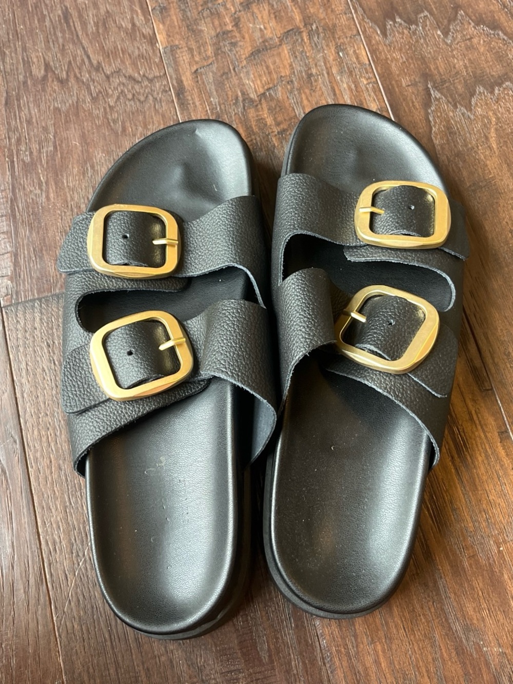 Black Double-Buckle Slide Sandals with Gold Buckles
